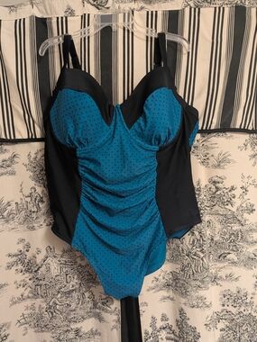 Terra & Sky Teal and Black Tummy Control One-Piece Swimsuit-24w, 26w